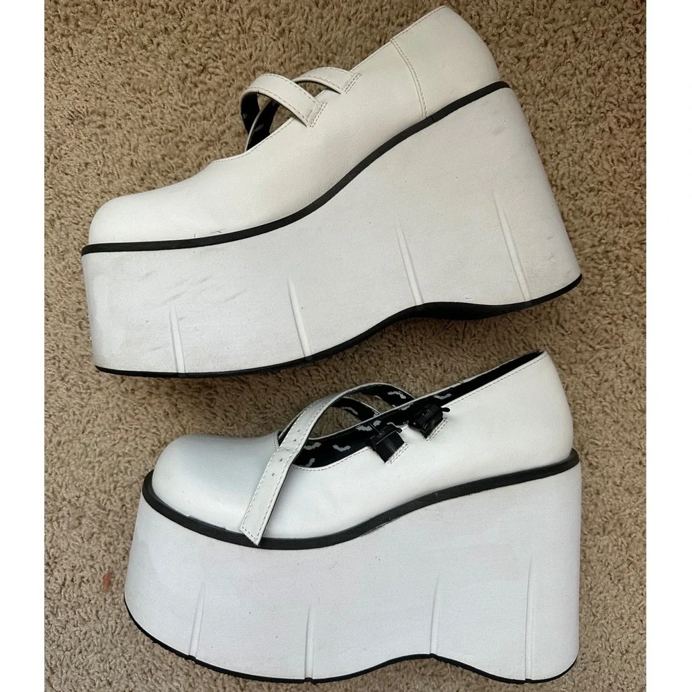 Demonia Kera-08 White Platform Mary Jane Wedge Bat Print Goth Shoes Womens 8